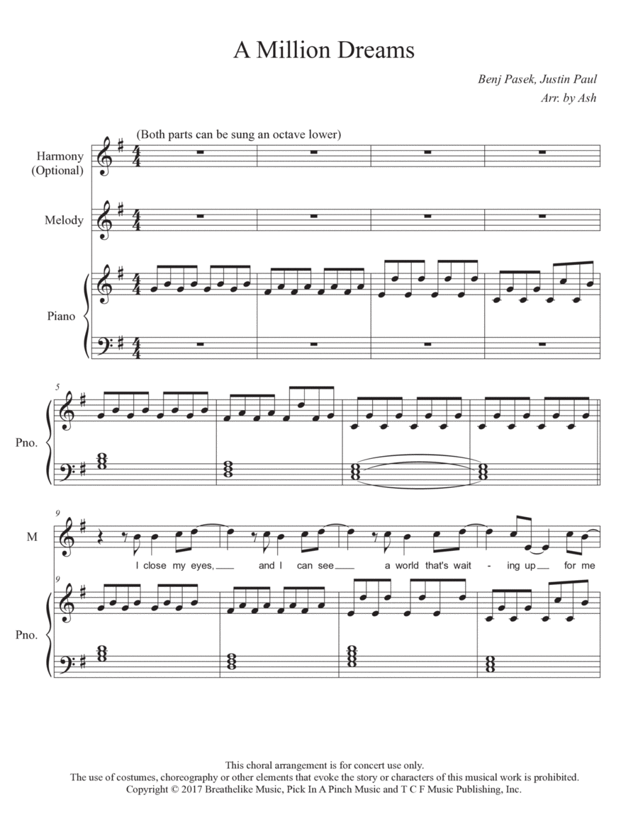 A Million Dreams Unison Choir scores gallery preview page 1