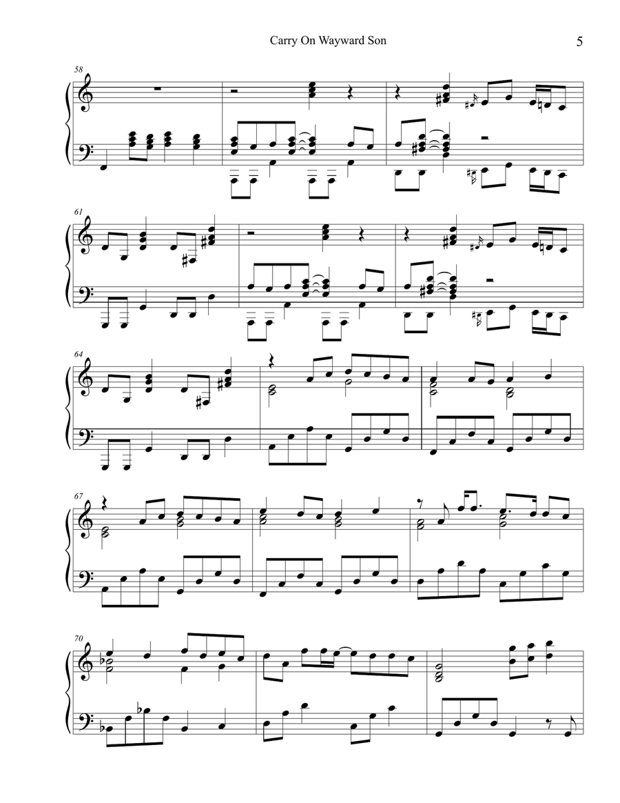 Carry On Wayward Son Piano Solo scores gallery preview page 5