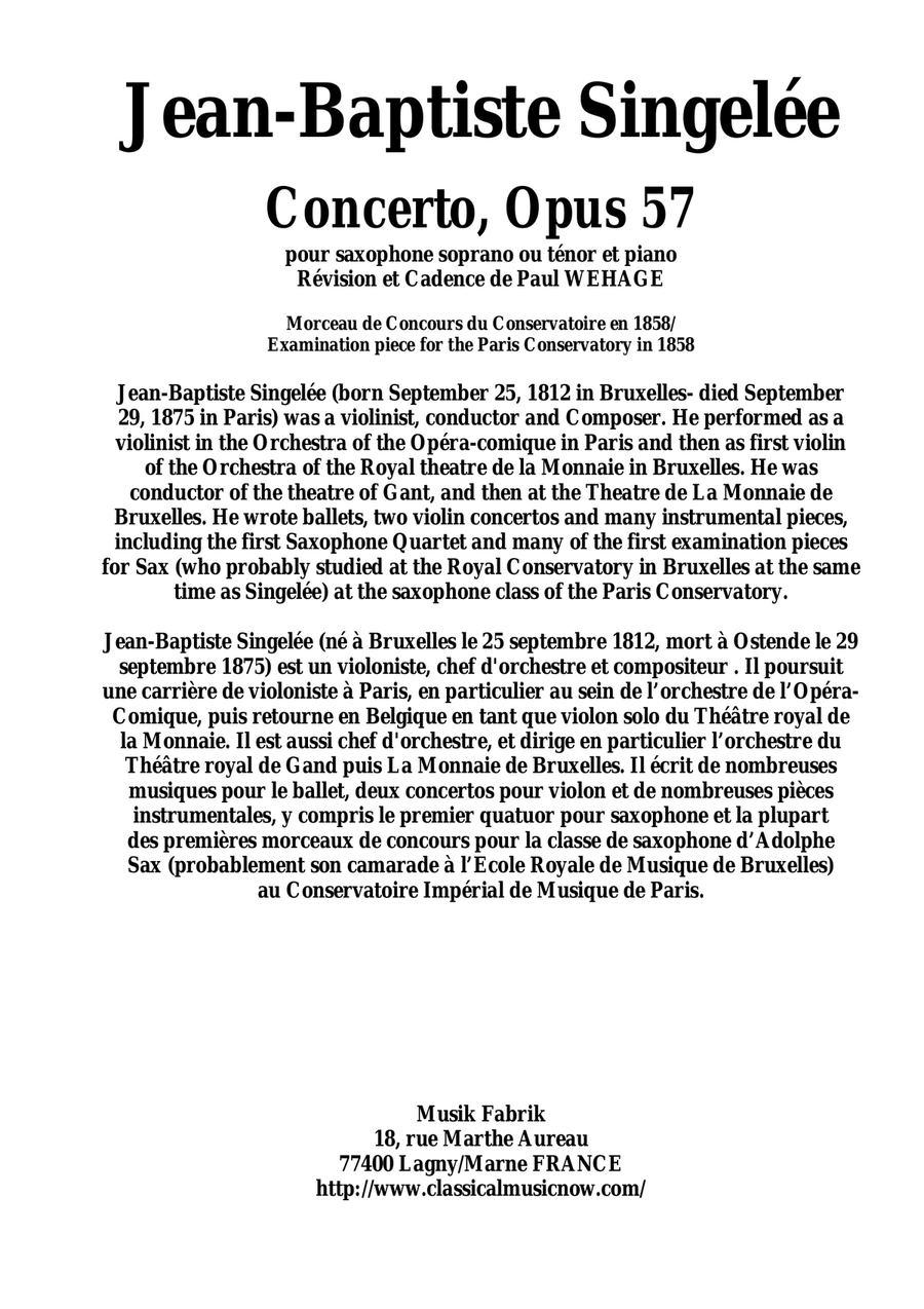 Jean-Baptiste Singelée Concerto, Opus 57 pour saxophone soprano ou ténor et piano Révision et Cadenc by Paul Wehage Piano - Digital Sheet Music
