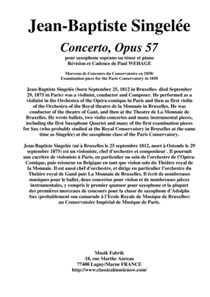 Book cover for Jean-Baptiste Singelée Concerto, Opus 57 pour saxophone soprano ou ténor et piano Révision et Cadenc