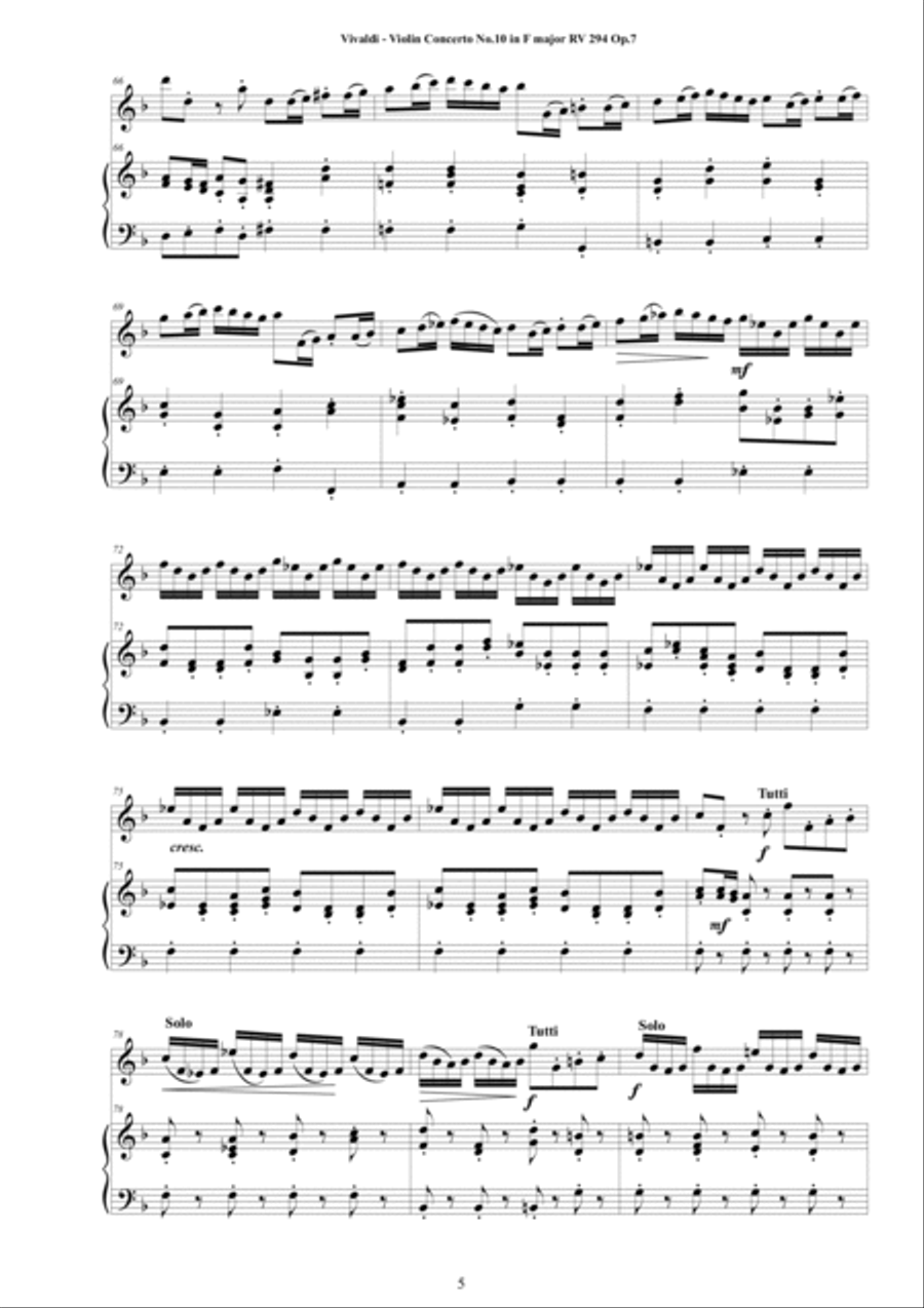 Vivaldi - Violin Concerto No.10 in F major 'Il Ritiro' RV 294 Op.7 for Violin and Cembalo (or Piano) String Duet scores gallery preview page 5
