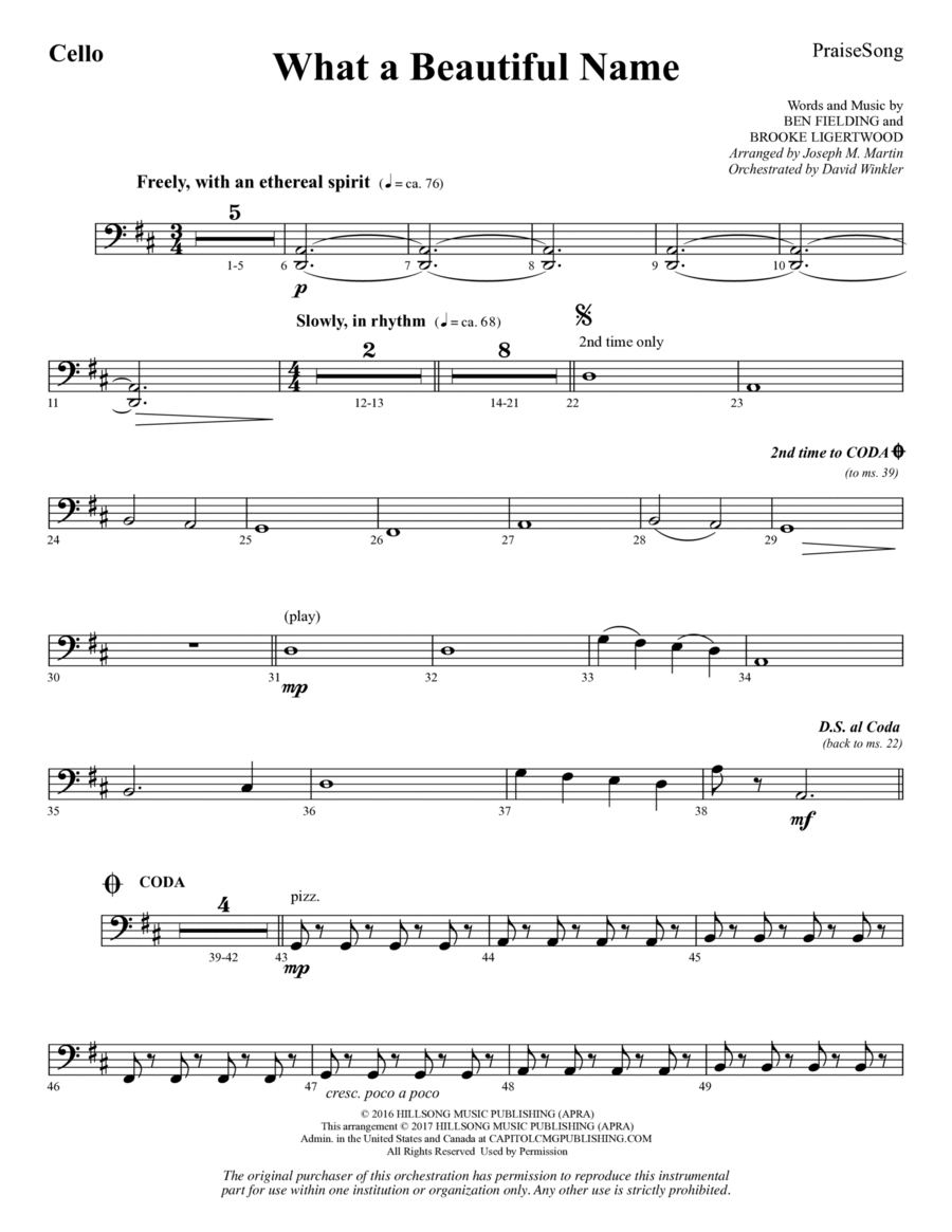 What a Beautiful Name (arr. Joseph M. Martin) - Cello Choir scores gallery preview page 1