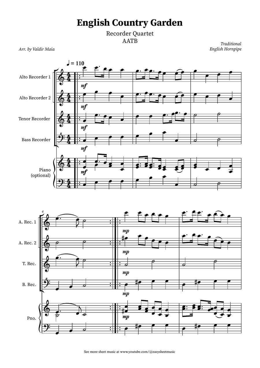 English Country Garden – Recorder Quartet (AATB + Optional Piano) 4-Part scores gallery preview page 1