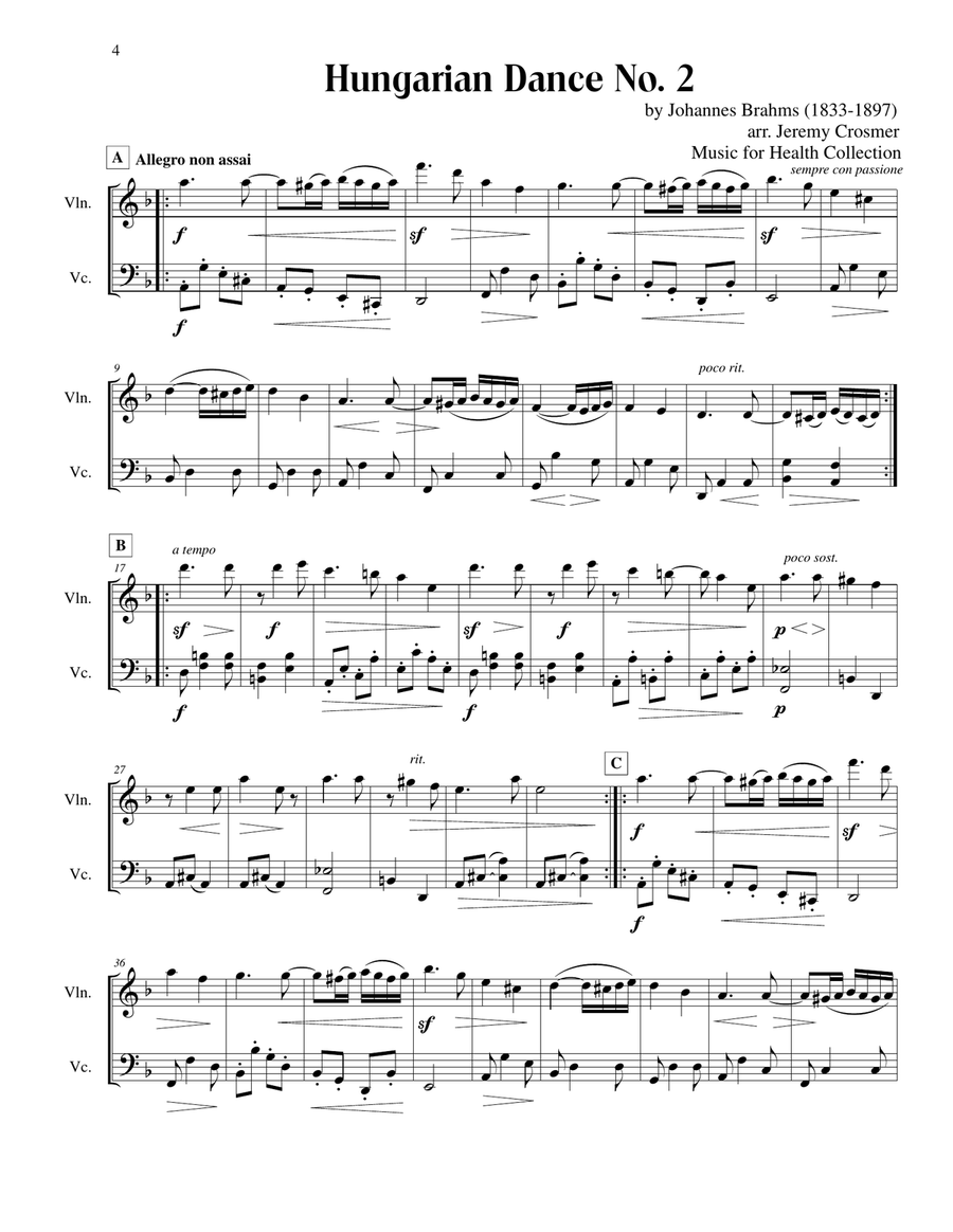 Brahms: Hungarian Dances No. 1, 2 and 5 - Music for Health Duet Violin/Cello String Duet scores gallery preview page 4