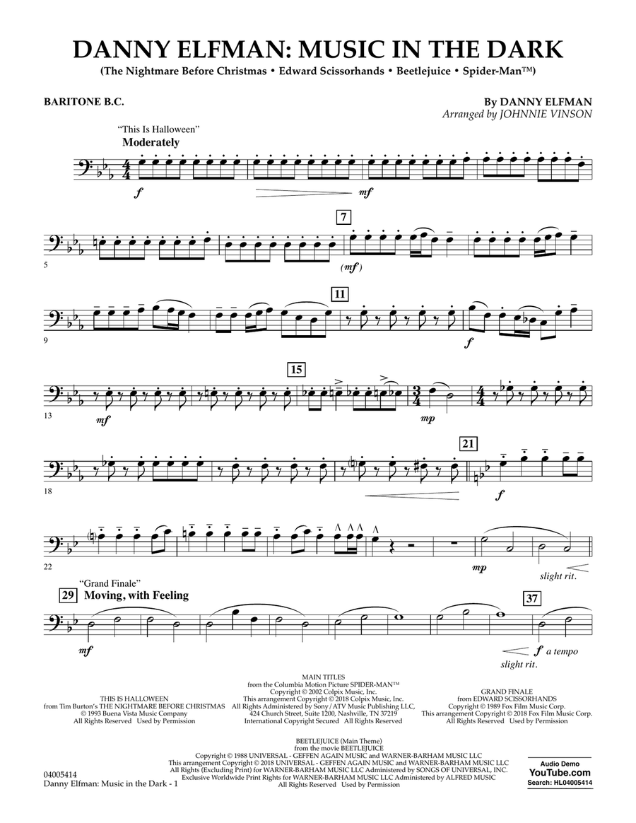 Danny Elfman: Music in the Dark - Baritone B.C. Concert Band scores gallery preview page 1