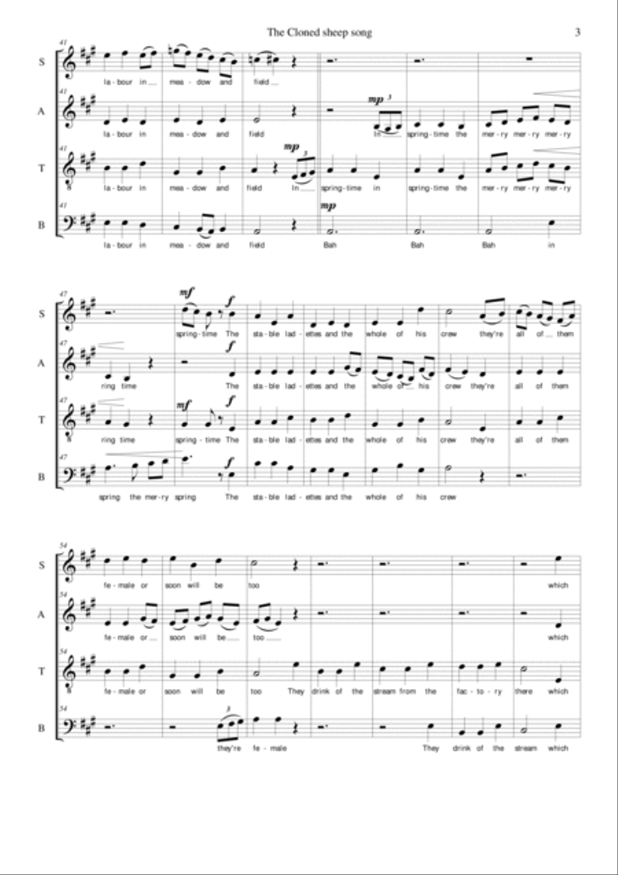 The Cloned sheep song for mixed choir (SATB) 4-Part scores gallery preview page 3