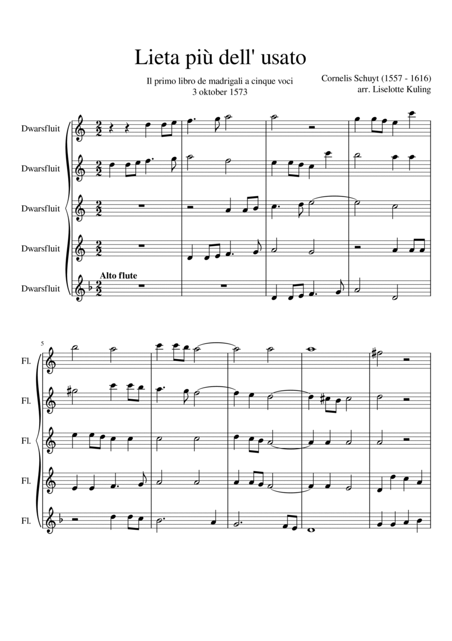 Lieta più dell'usato (Il prima libro de madrigali a cinque voci) 3 octobre 1573 Woodwind Quintet scores gallery preview page 1