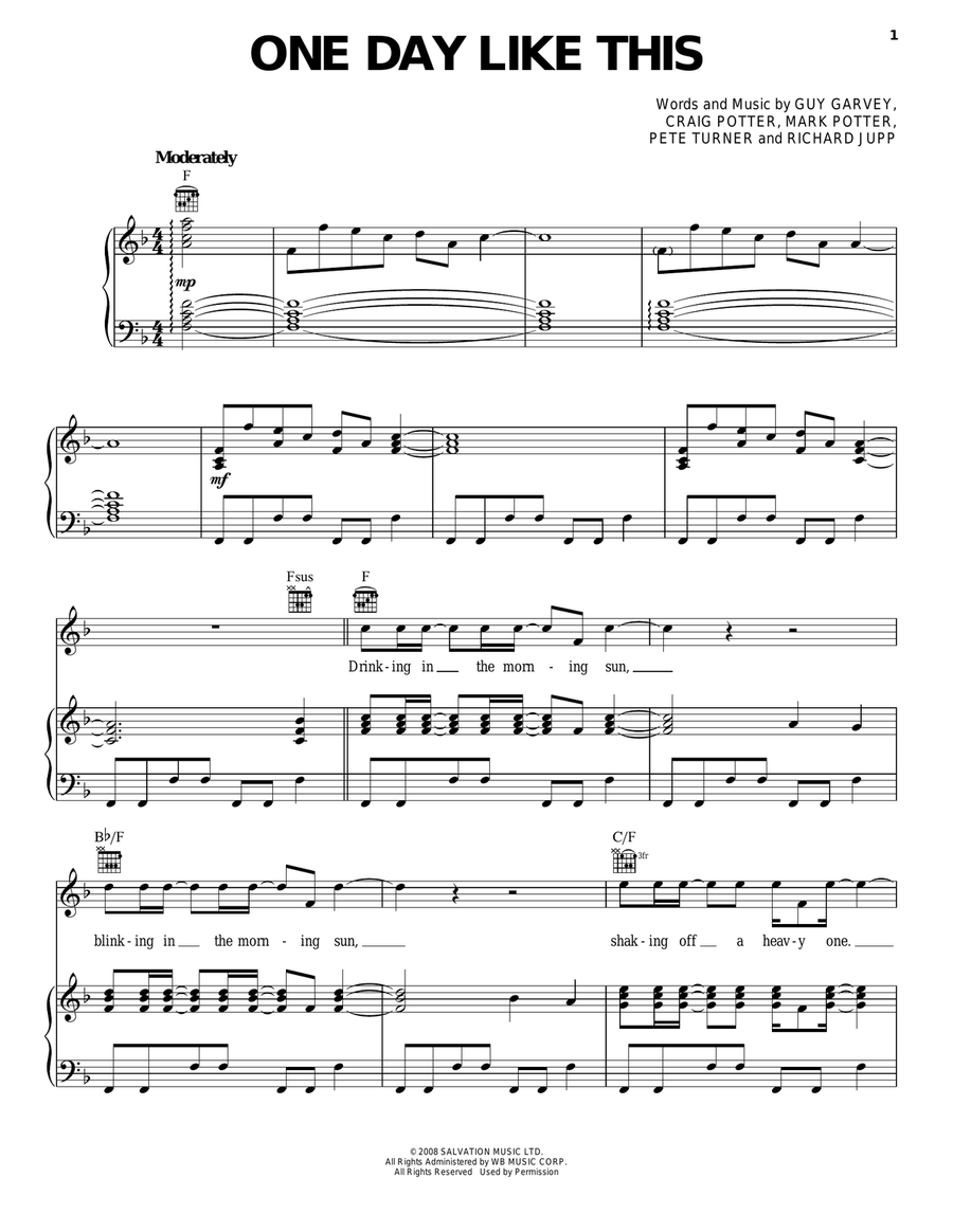 One Day Like This Piano, Vocal, Guitar scores gallery preview page 1