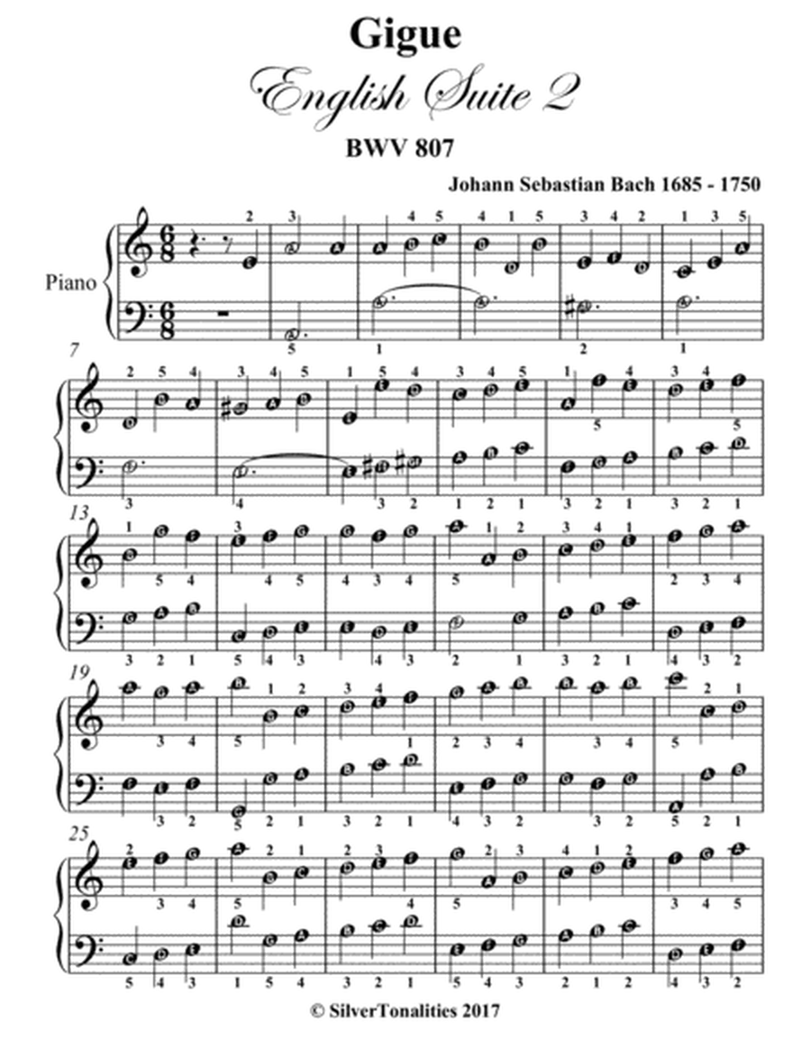 Gigue English Suite 2 BWV 807 Easy Piano Sheet Music