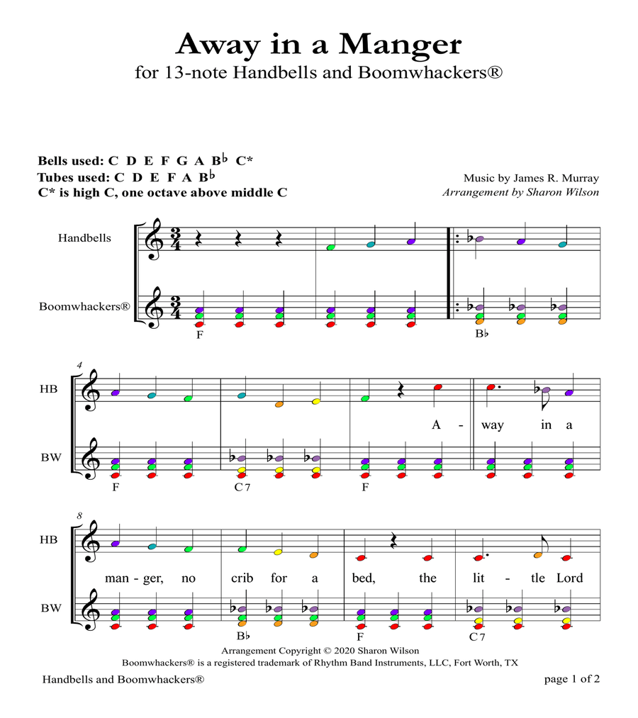 Away in a Manger for 13 note Bells and Boomwhackers with Color