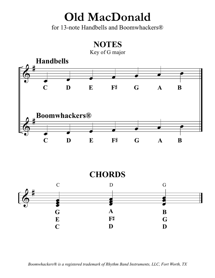 Old MacDonald Had a Farm (for 13-note Bells and Boomwhackers with Black and White Notes) Handbell Choir scores gallery preview page 3