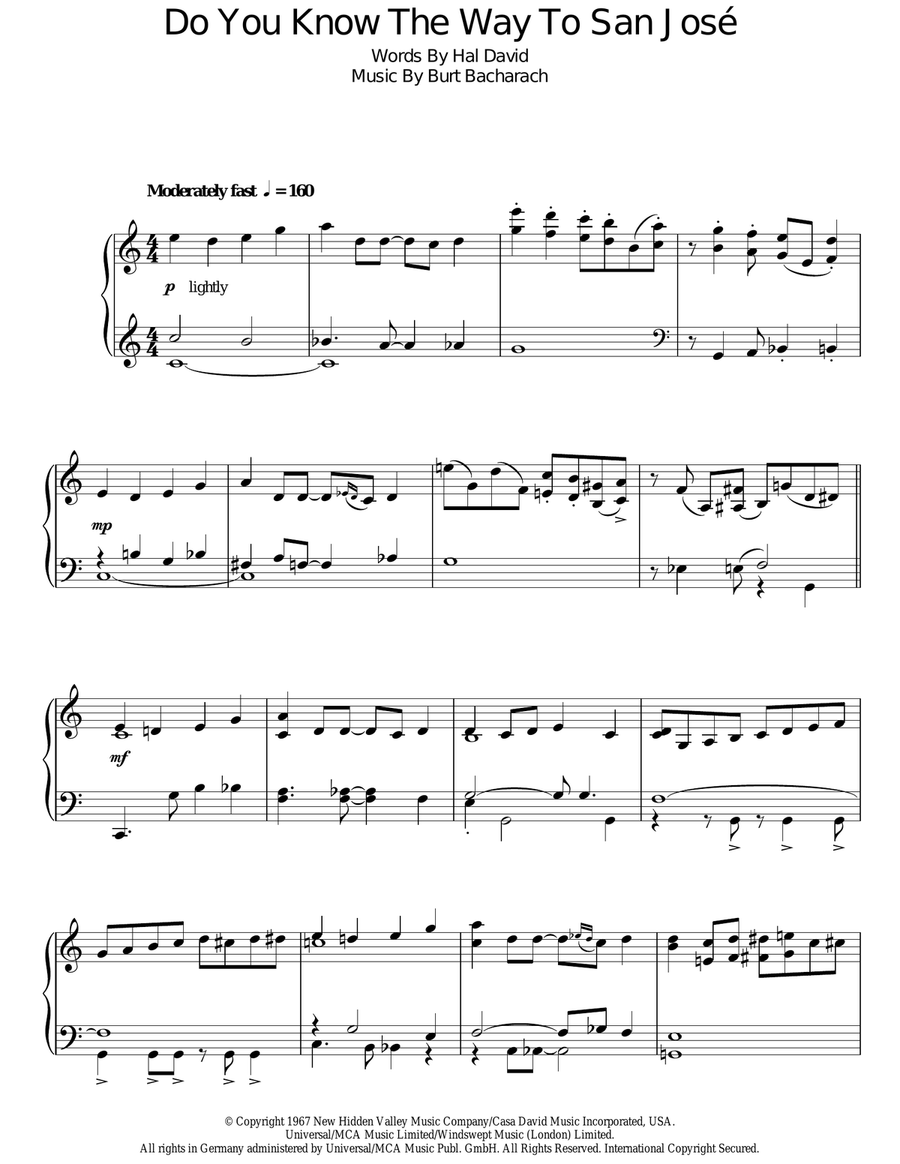Do You Know The Way To San Jose Piano Solo scores gallery preview page 1