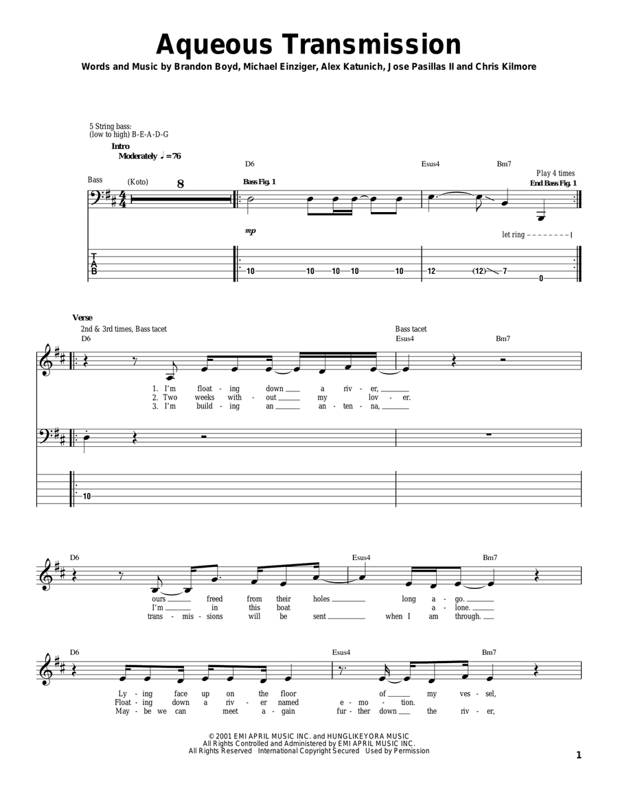 Aqueous Transmission Bass Guitar Tablature scores gallery preview page 1