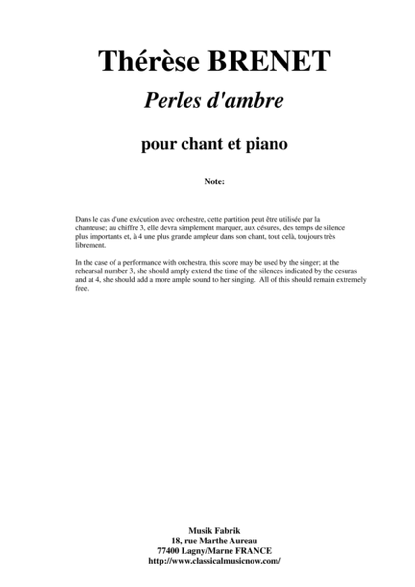 Thérèse Brenet : Perles d'Ambre, vocalize for female voice and piano