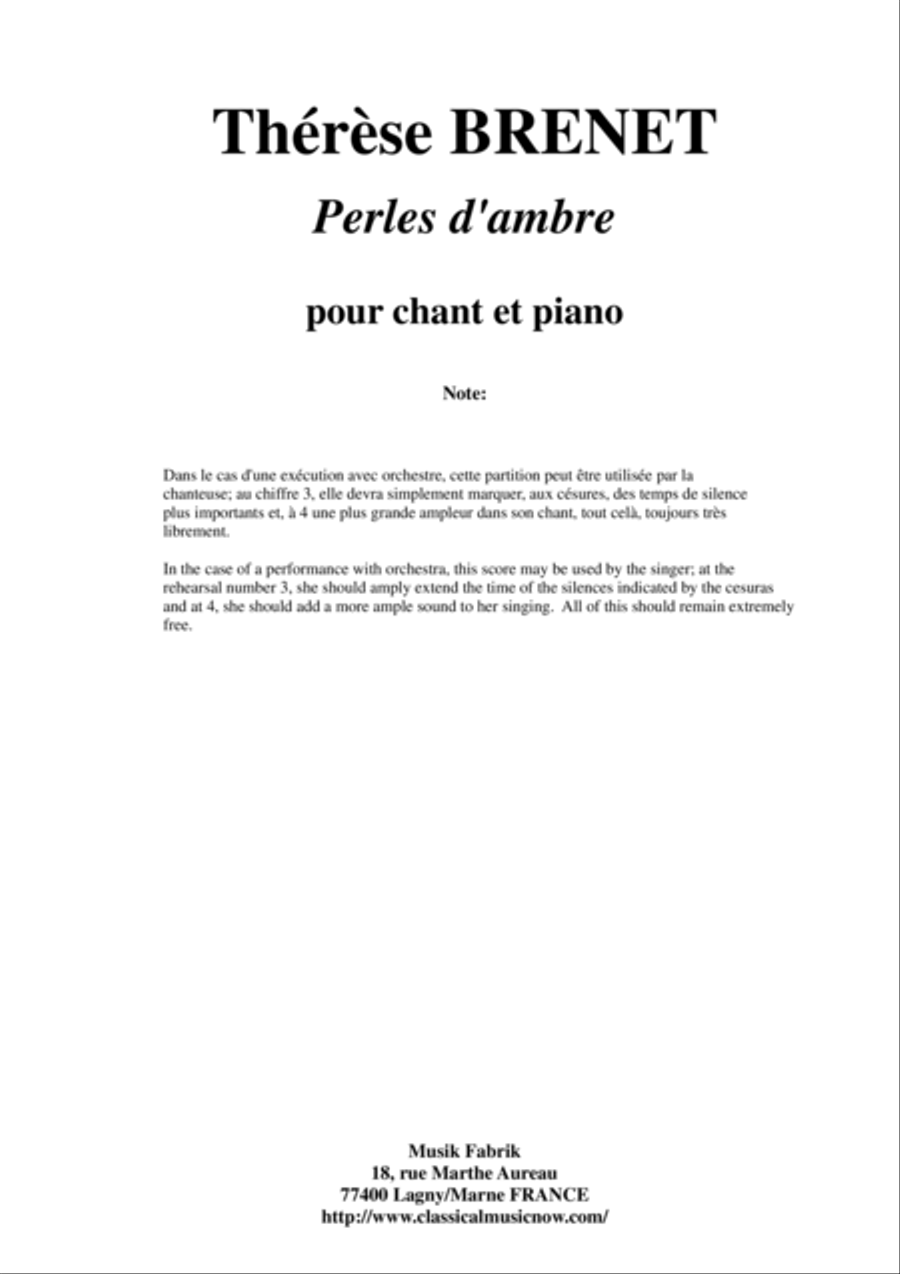 Thérèse Brenet : Perles d'Ambre, vocalize for female voice and piano Voice Solo scores gallery preview page 1