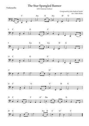 The Star Spangled Banner (USA National Anthem) for Cello Solo with Chords (C Major)