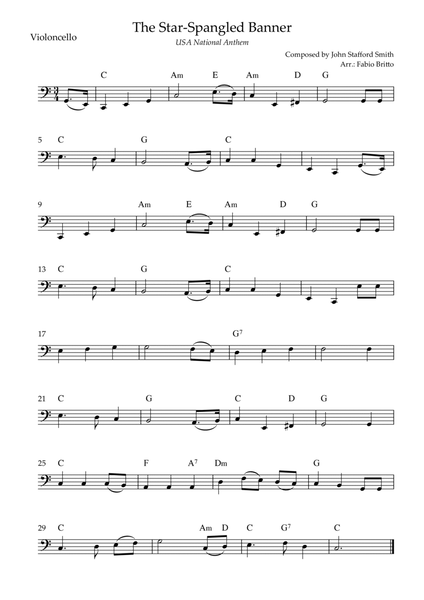 The Star Spangled Banner (USA National Anthem) for Cello Solo with Chords (C Major)