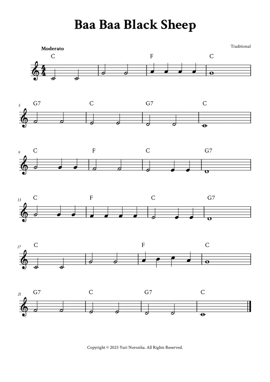 Baa Baa Black Sheep - For Ukulele (C Major - with Chords) Ukulele scores gallery preview page 1
