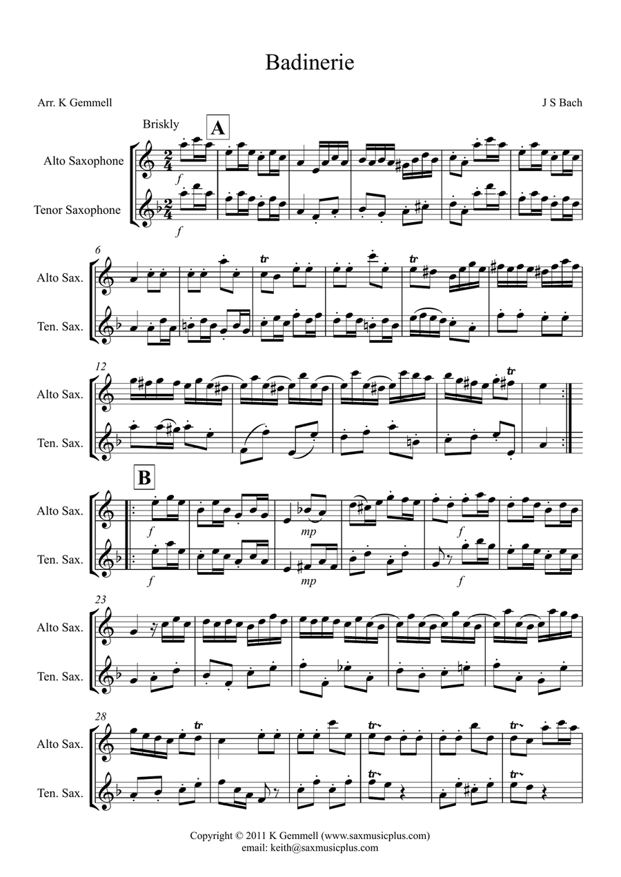 Badinerie – Duet: Alto Tenor Saxophones Woodwind Duet scores gallery preview page 1