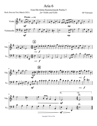 Aria 6 from Die kleine Kammermusik Partita 5 - GP Telemann (Violin & Cello)
