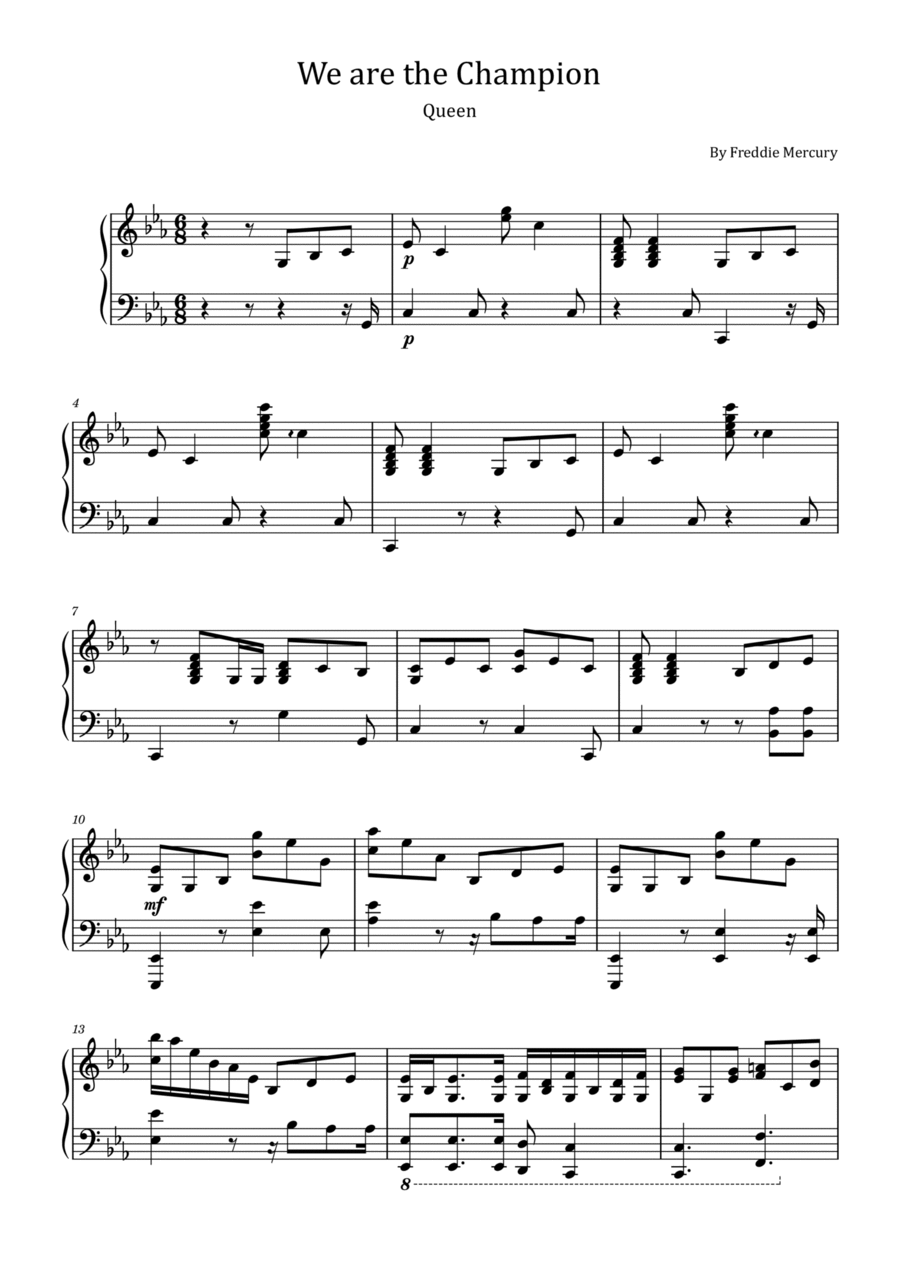 We Are The Champions Piano Solo scores gallery preview page 1
