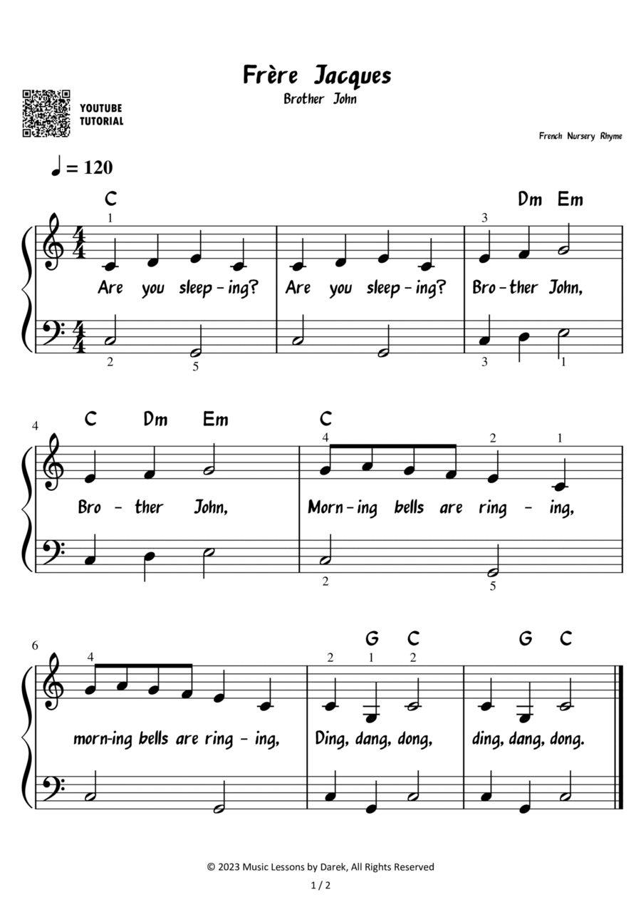Frère Jacques (Brother John) – French Nursery Rhyme [EASY] Easy Piano scores gallery preview page 1