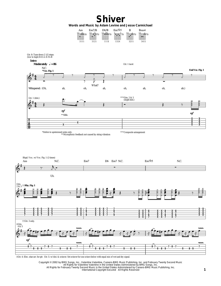 Shiver Guitar Tablature scores gallery preview page 1