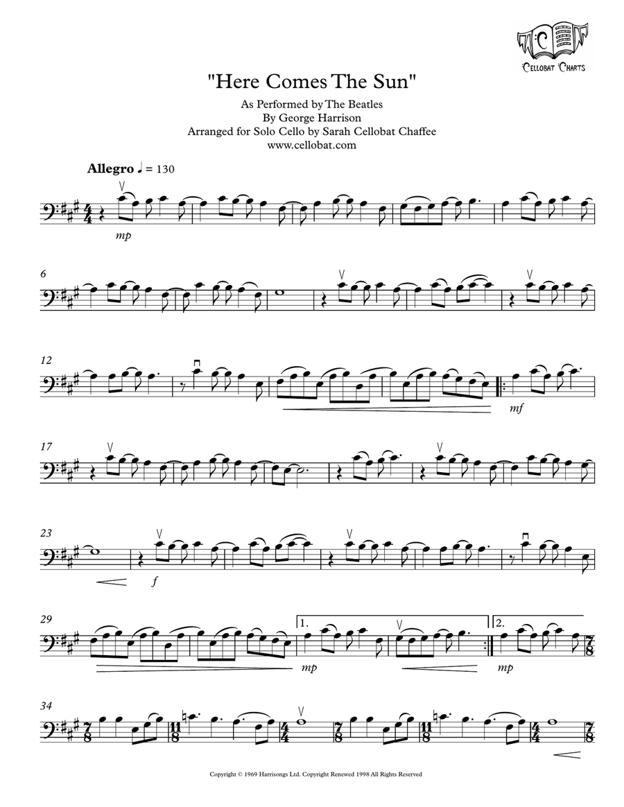 Here Comes The Sun Cello Solo scores gallery preview page 1
