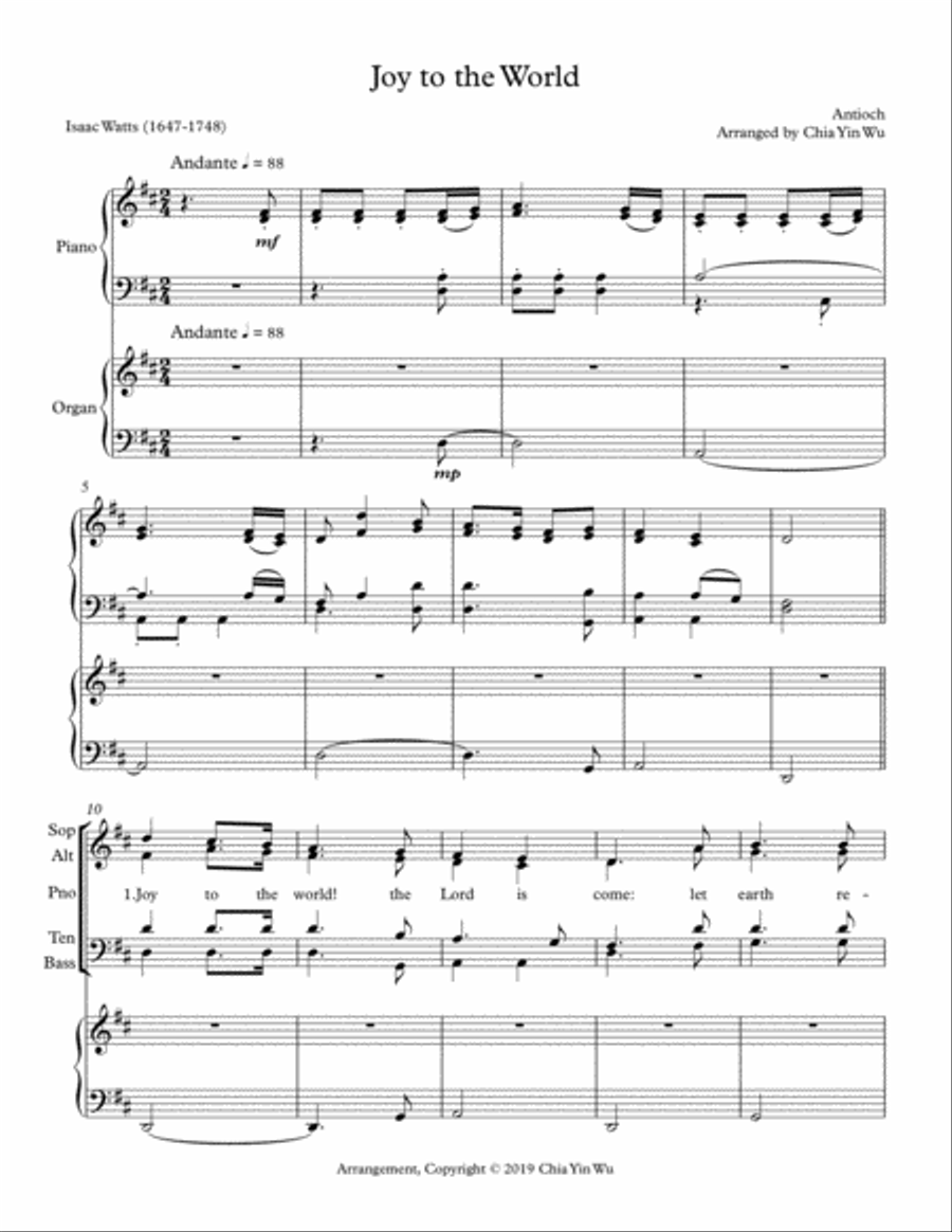 Joy to the World, for SATB/Congregation, Piano and Organ 4-Part scores gallery preview page 2