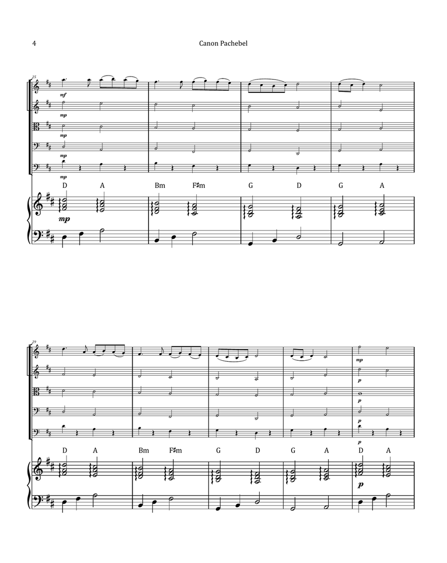 Canon by Pachelbel - String Quintet with Piano and Chord Notation image number null