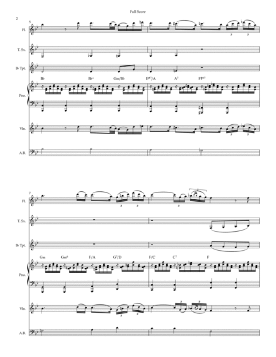 Ave Maria (Franz Schubert) for Flute, Tenor Sax, Trumpet, Violin, A. Bass and Piano with Chords Small Ensemble scores gallery preview page 2