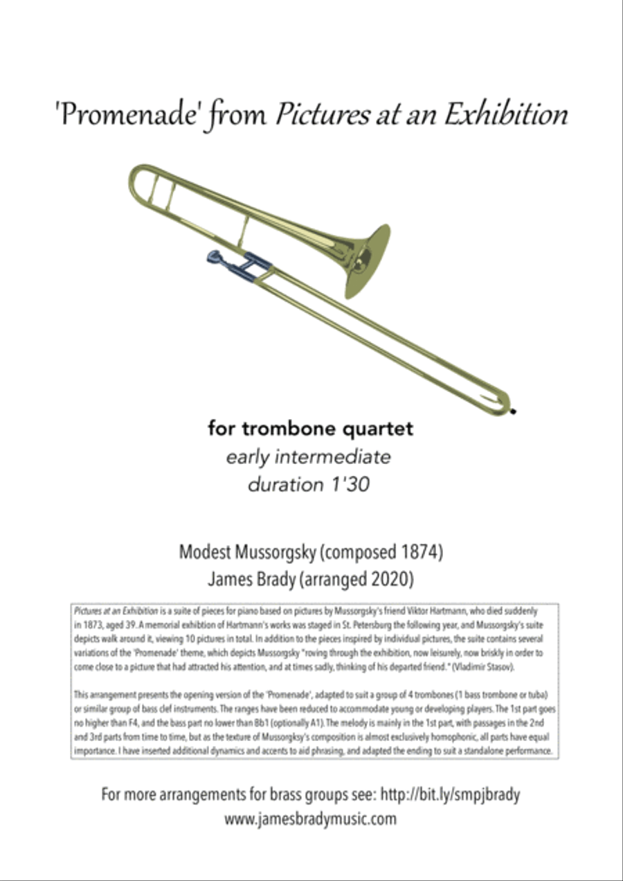 'Promenade' from Pictures at an Exhibition - easy arrangement for trombone quartet/tuba Trombone Quartet scores gallery preview page 1