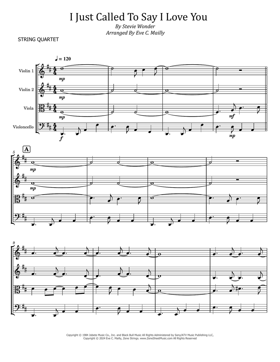 I Just Called To Say I Love You String Quartet scores gallery preview page 1