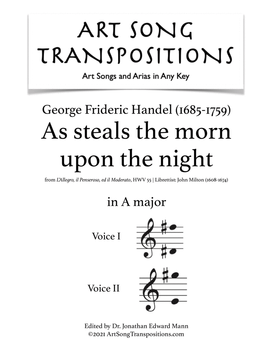 HANDEL: As steals the morn upon the night (transposed to A major) Piano scores gallery preview page 1