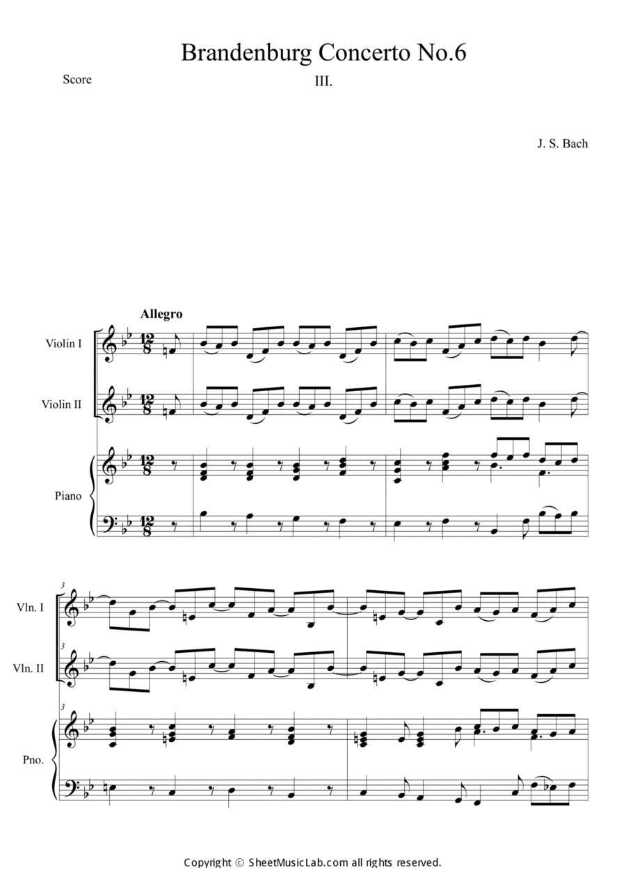 Brandenburg Concerto No. 6 in B flat major, BWV 1051 Mov.3 Allegro Piano Trio scores gallery preview page 1