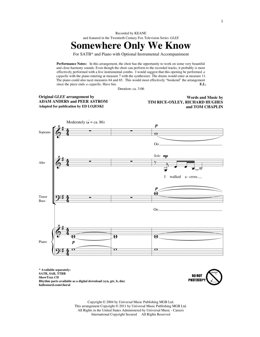 Somewhere Only We Know 4-Part scores gallery preview page 1