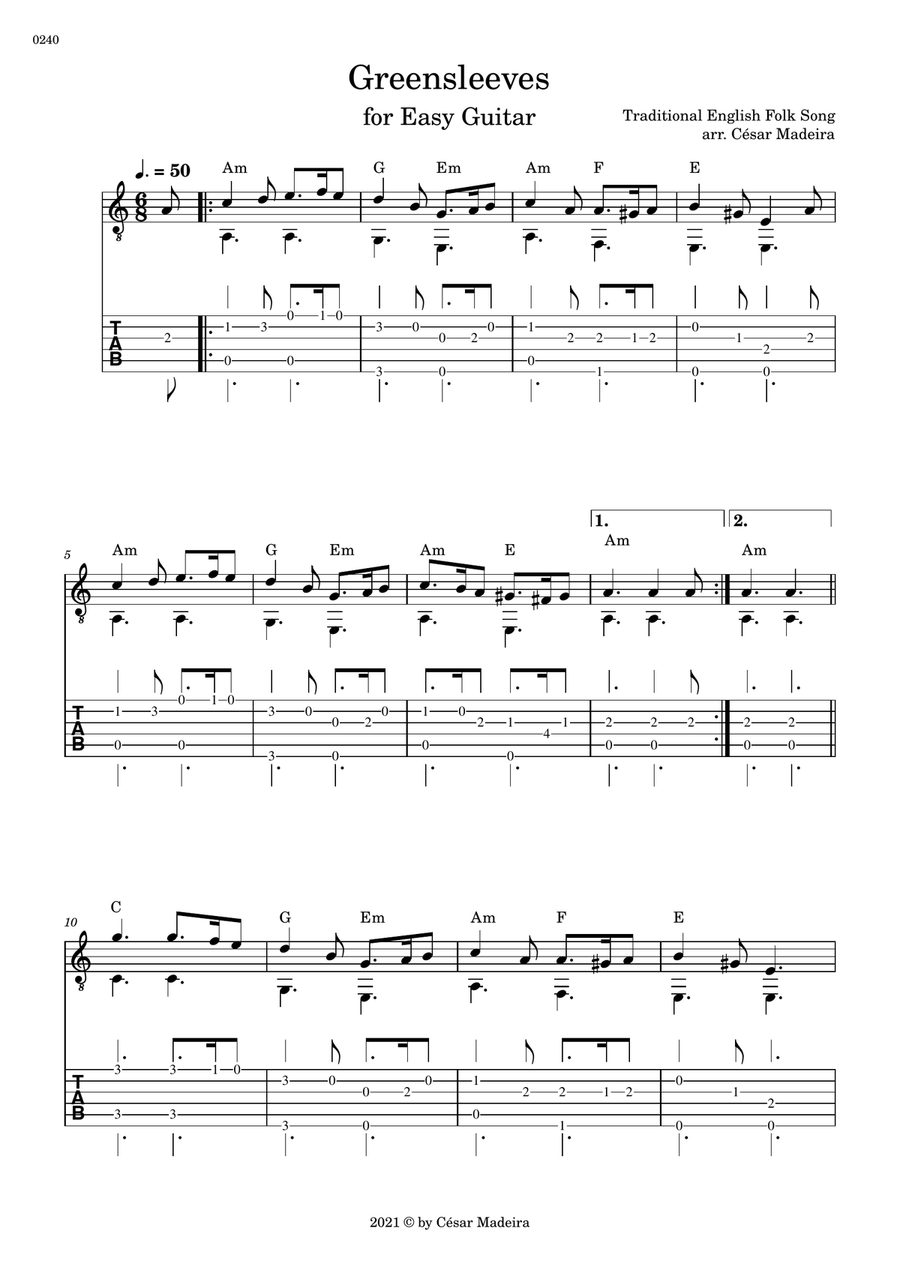 Greensleeves - Easy Guitar - W/Chords and TAB (Full Score) Acoustic Guitar scores gallery preview page 2
