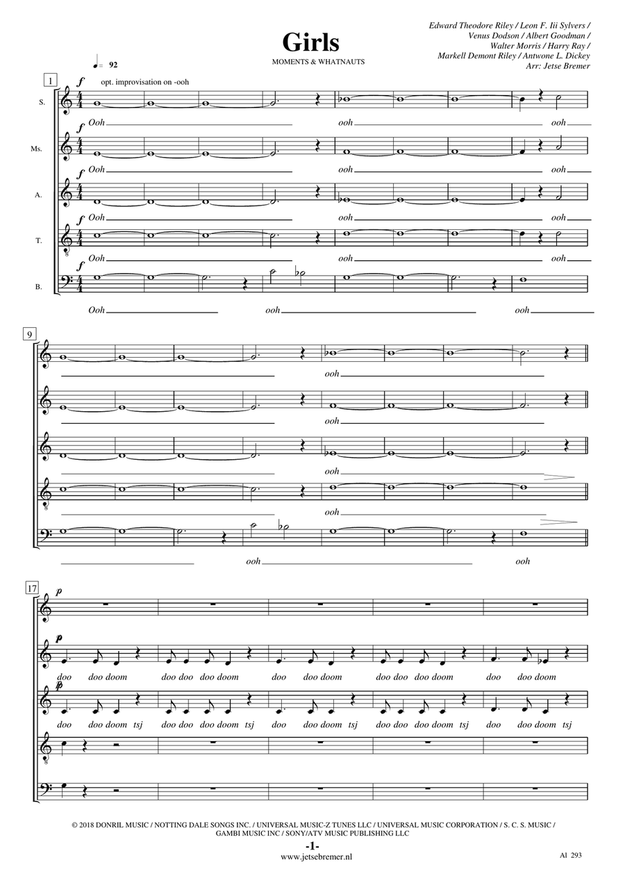 Girls SAATB chorus A Cappella Solo Bass Voice Divisi scores gallery preview page 1