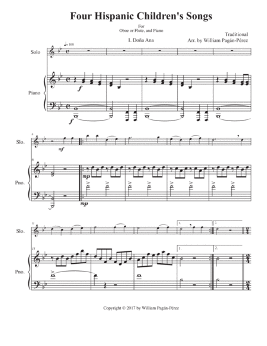 Four Hispanic Children’s Songs for Flute or Oboe and Piano Woodwind Duet scores gallery preview page 3