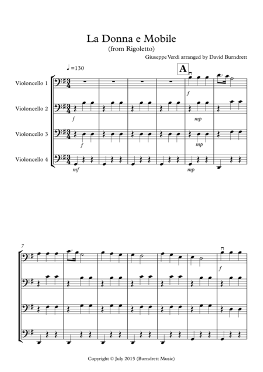 La Donna e Mobile (from Rigoletto) for Cello Quartet Cello Solo scores gallery preview page 1
