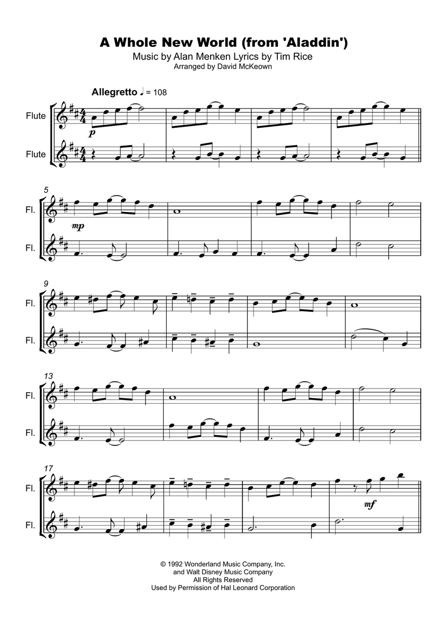 A Whole New World (from 'Aladdin') Flute Duet scores gallery preview page 2