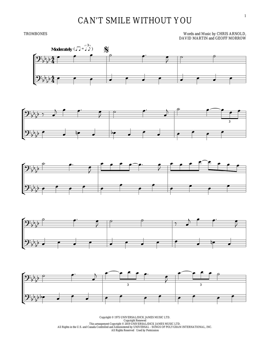 Can't Smile Without You Can't Smile Without You Trombone Duet scores gallery preview page 1