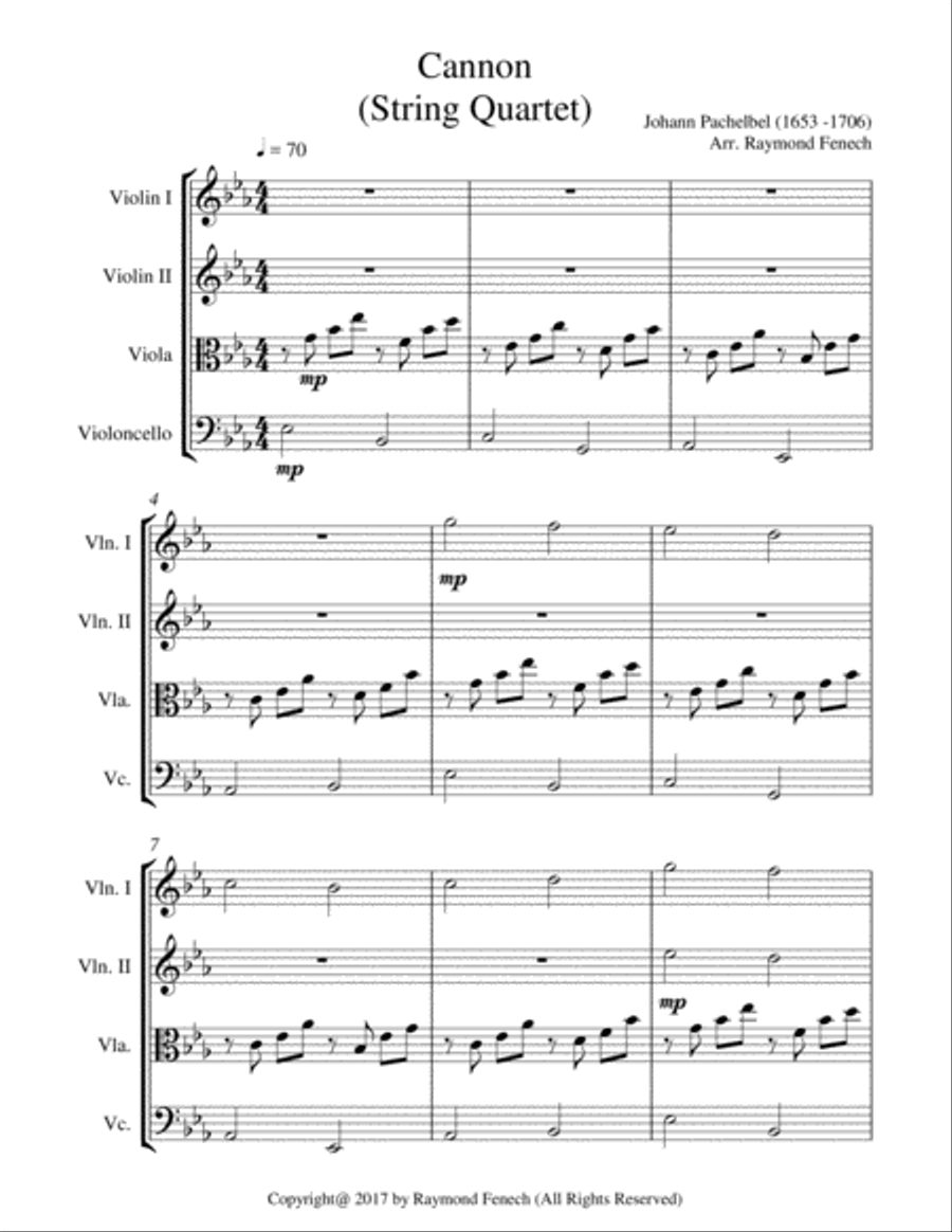 Canon - J.Pachelbel (1653 -1706) - For Strings Quartet (2 Violins; Viola and Violoncello ) String Quartet scores gallery preview page 6