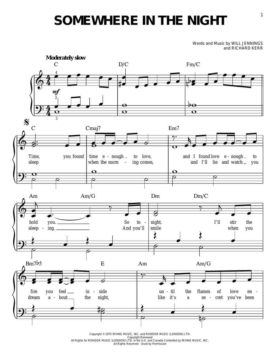 Somewhere In The Night Easy Piano scores gallery preview page 1