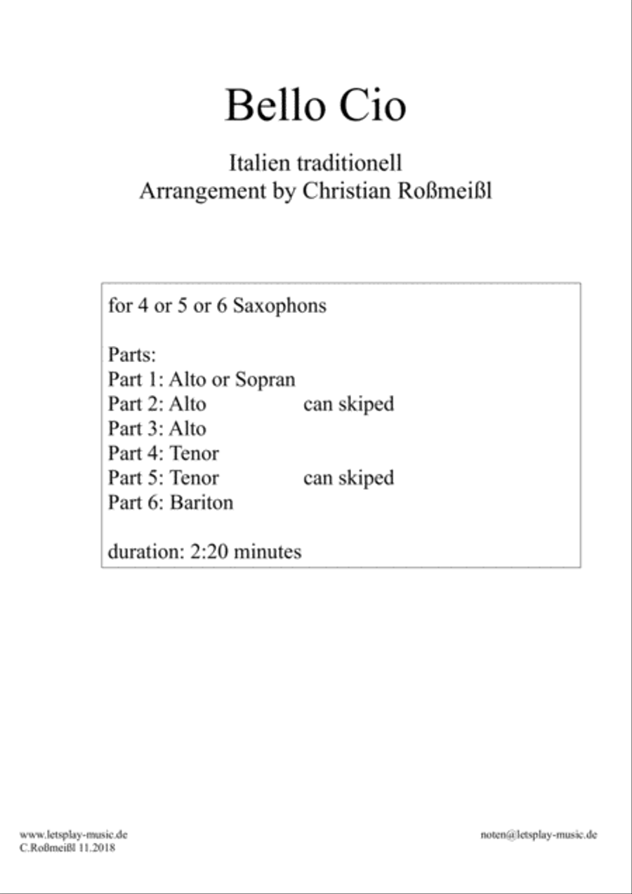 Bella Ciao for Saxophonensemble Saxophonquintet Saxophonsextet Woodwind Quintet scores gallery preview page 1