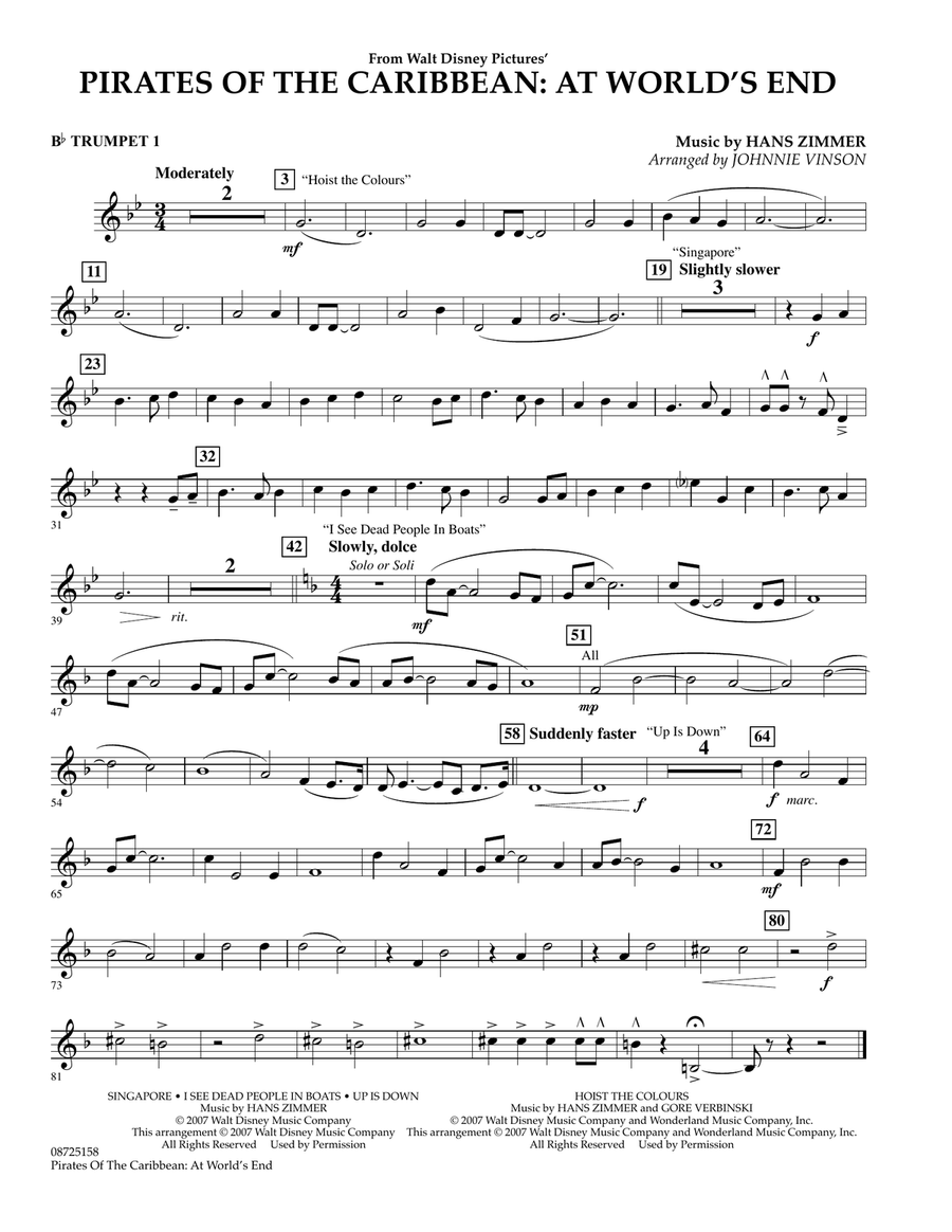 Pirates Of The Caribbean: At World's End - Bb Trumpet 1 Concert Band scores gallery preview page 1