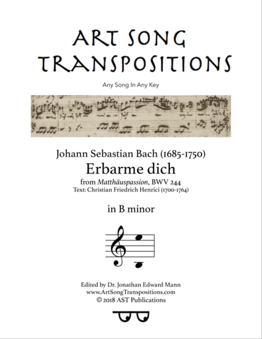 BACH: Erbarme dich, BWV 244 (transposed to B minor) Piano, Vocal scores gallery preview page 1