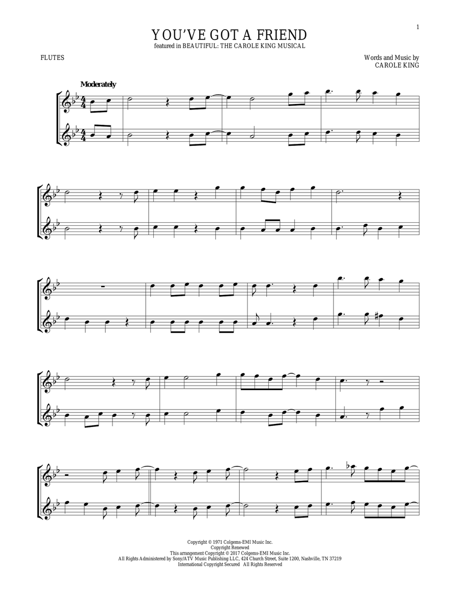 You've Got A Friend (from Beautiful: The Carole King Musical) Flute Duet scores gallery preview page 1