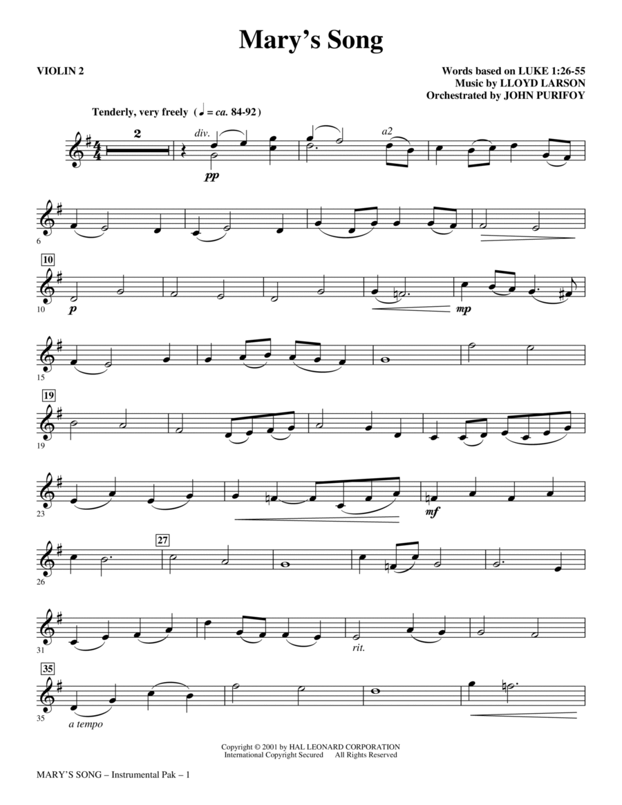 Mary's Song - Violin 2 Choir scores gallery preview page 1