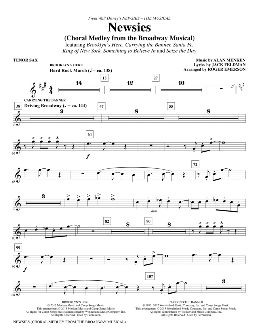 Newsies (Choral Medley) - Tenor Saxophone Choir scores gallery preview page 1